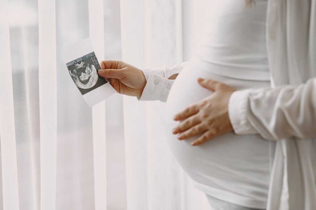 pregnant woman standing by window looking photo